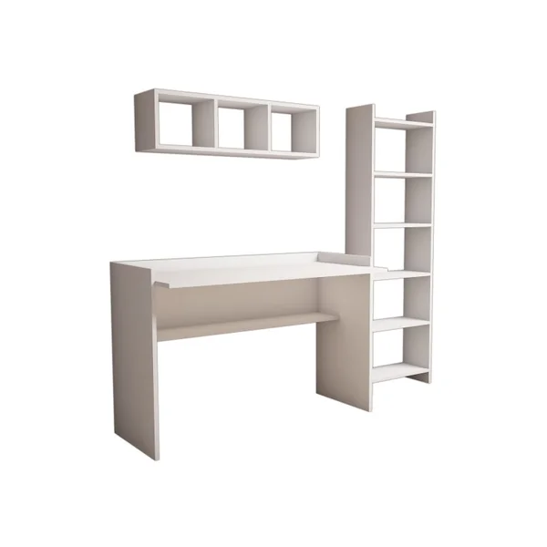 Bureau d'étude avec bibliothèque et étagère murale en bois "Hera" - 118 x 58 x 80 cm - Blanc