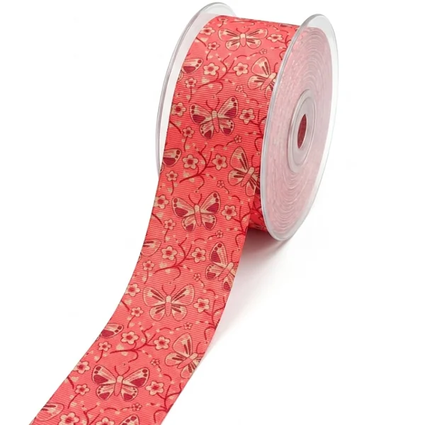 Cinta Grosgrain Coral Con Mariposas