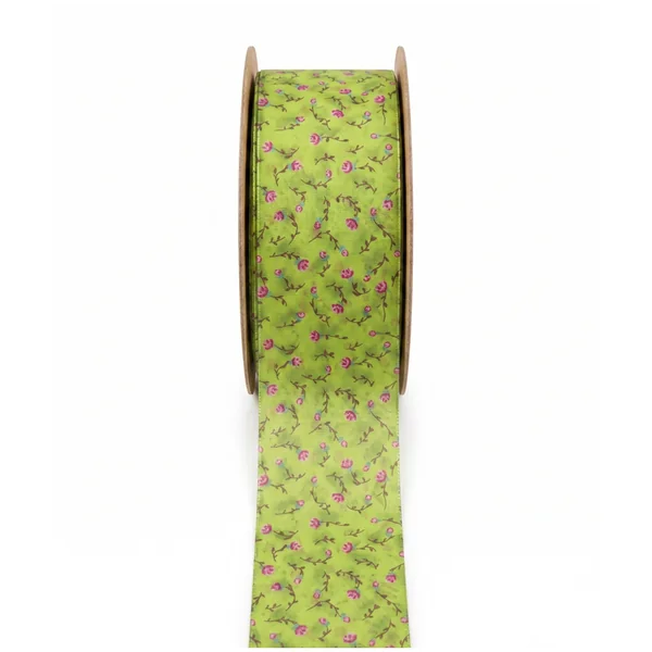 Cinta Tafetán Verde Floral 6 cm