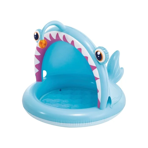 Piscina inflável infantil Angler Fish com guarda-sol e piso acolchoado
