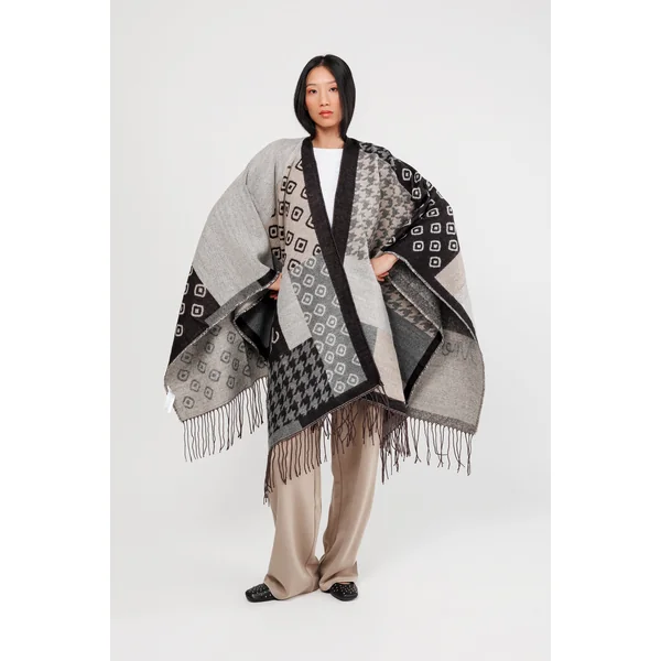 Poncho con flecos negro y beige