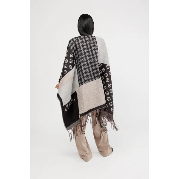 Poncho con flecos negro y beige - Imagen 2