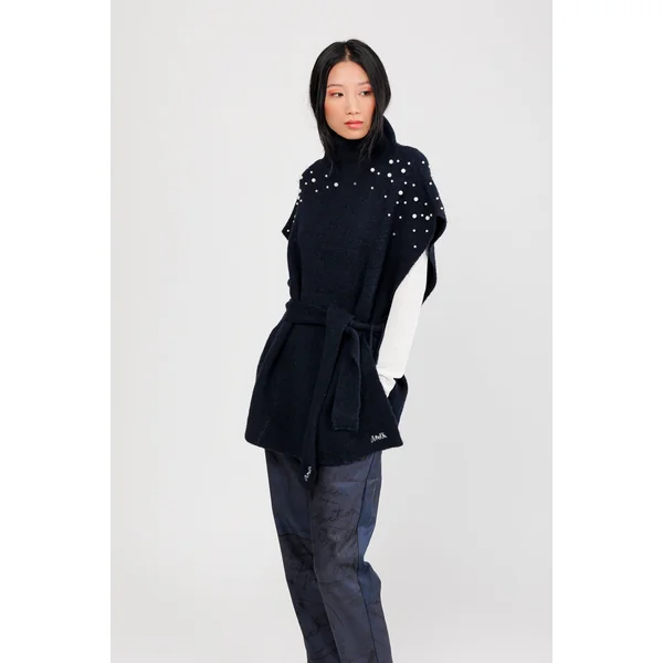 Poncho cuello alto con cinturón azul - Imagen 2